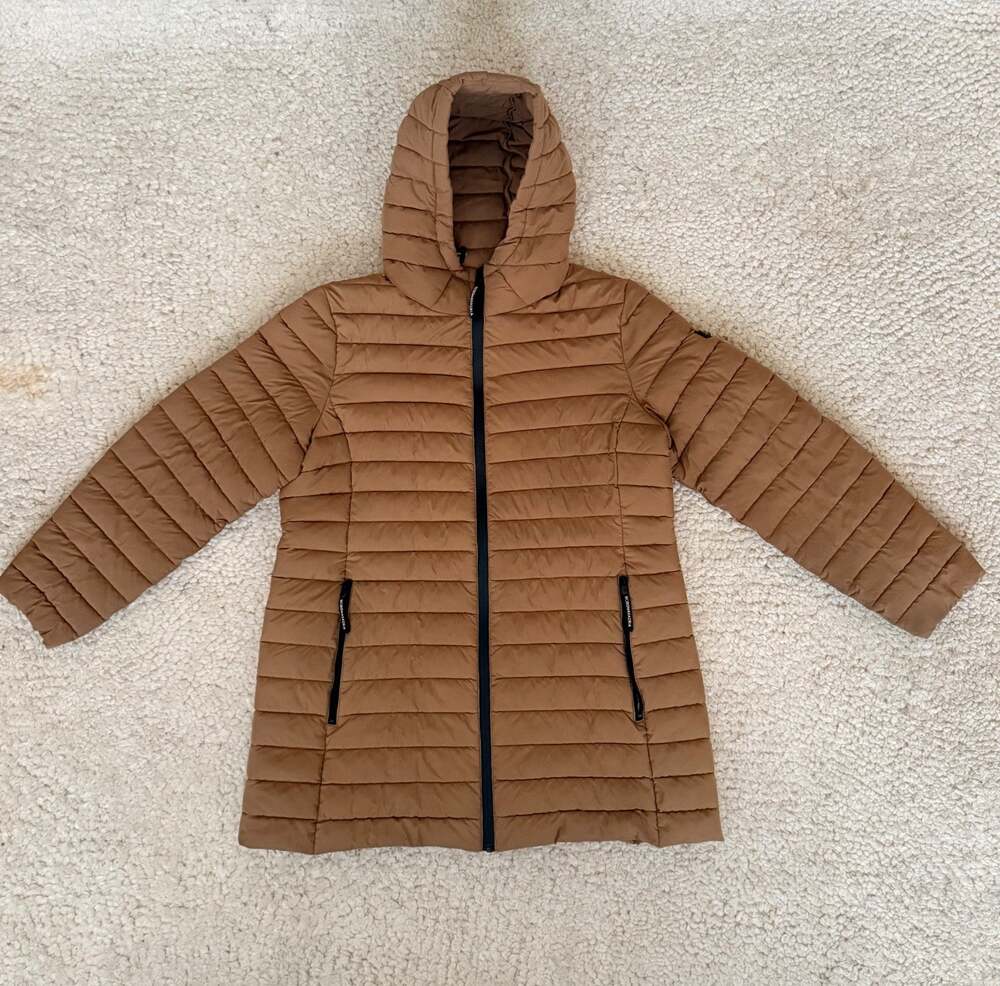 BCBGMAXAZRIA Puffer Coat Women L Feather Free Hooded Camel Tan Long Jacket
